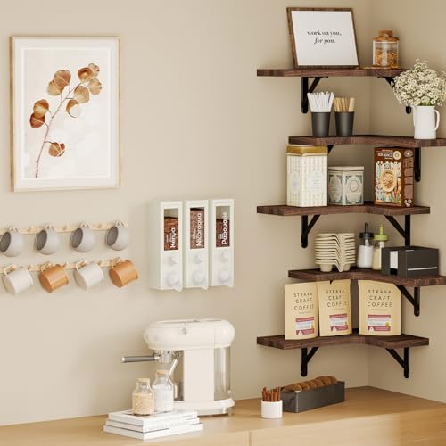 Fixwal Conner Shelves Wall Mounted for Decor, Walnut Brown Set of 5