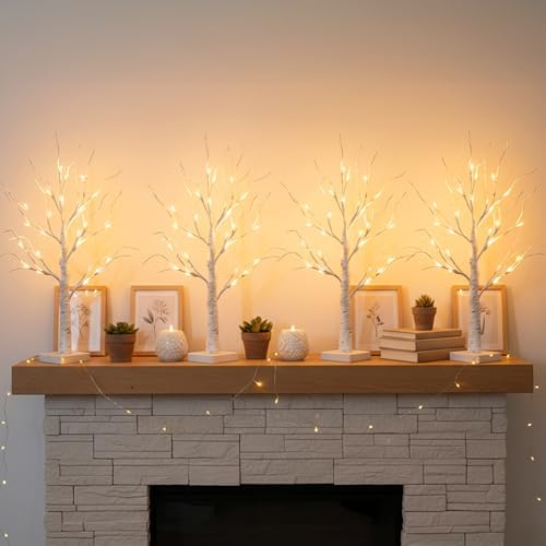 EAMBRITE Home Decorations Light Up White Birch Tree Indoor Christmas Decor, 4 Pack Battery Operated/USB Lighted Tabletop Money Tree Lamp Led Lights Xmas Wedding Centerpiece Table Room (2 Ft)