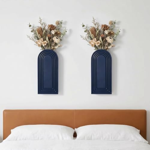 Dnnnii 2 Pack Wooden Wall Vase Set - Blue Finish Modern Farmhouse & Boho Wall Decor for Entryway, Hallway, Bathroom
