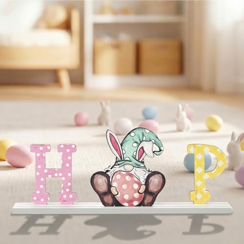 Smile Easter Wooden Standing Sign, 3-Piece Hip Bunny Rabbit Gnome House Decor, Tabletop Decoration for Home Office Shelf Mantel