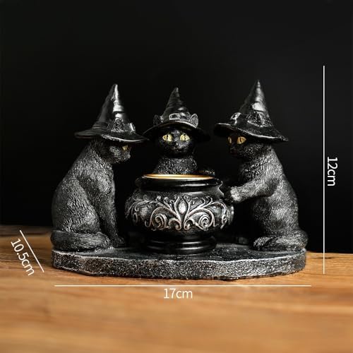 Halloween Black Cat Witches Tealight Candle Holder, Gothic Resin Statue with Decorative Cauldron, Indoor Home Decor (Black)