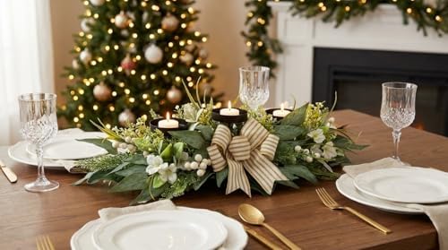 Svndlyn 26 Inch 3 Candle Holder Centerpiece with Greenery and Striped Bow
