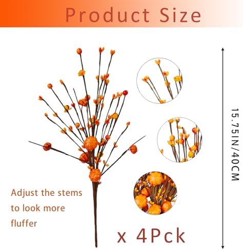 Artificial Fall Floral Stems for Vases,15.75 In Fall Pumpkin Decor Autumn Pumpkin Branches Picks with Berry Stems Decor for Autumn Harvest Thanksgiving Day Home Table Floral Arrangements Vase Filler