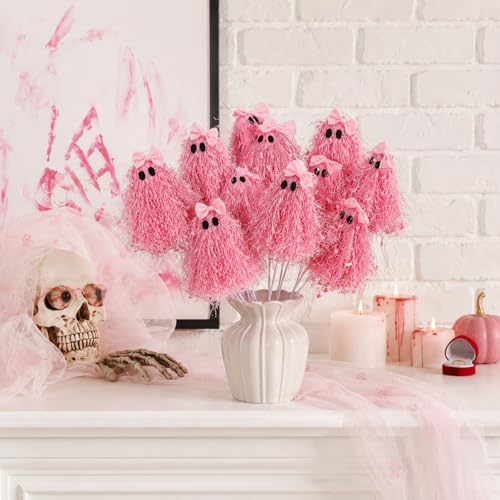 Suncalla 12 Pcs Halloween Pink Ghost Stems 12 Inch Cute Glitter Ghost Picks