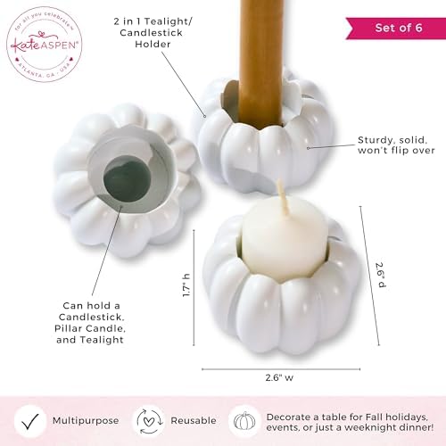 Kate Aspen 2-in-1 White Pumpkin Candlestick Holders, Taper Candle, Tealight & Votive Candle Holders (Set of 6), Dining Table Decor, Shelf Decor, Centerpiece