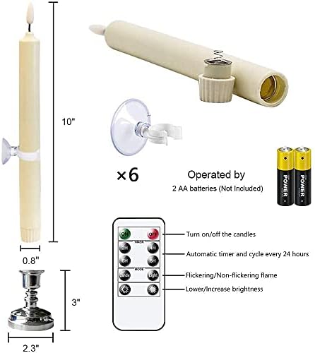 Wondise Flameless Window Candles with Remote & Timer, 10" Battery Operated 3D Wick LED Flickering Taper Candle for Christmas Decorations, Removable Silver Holder and Suction Cups Included(6 Pack)