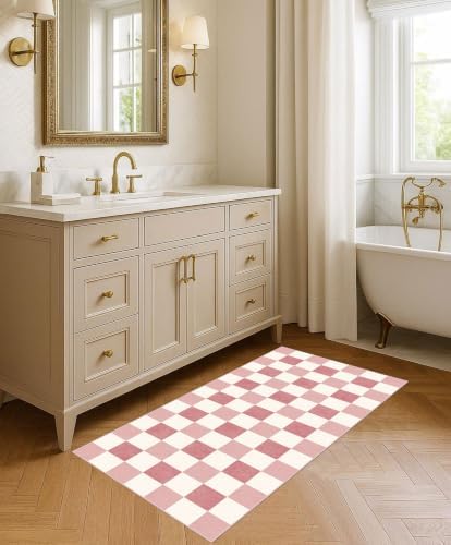 Front Door Mat Indoor Entrance, 2x4.3 Cute Pink White Checkered Rug
