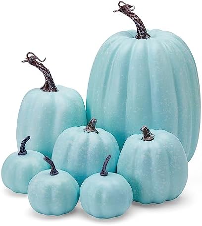 7Pcs Artificial Pumpkins of All Styles Halloween Decoration Rural Style Farmhouse Foam Pumpkin Thanksgiving Day is Suitable for Table top House Dining Table Party Decoration (Light Blue)