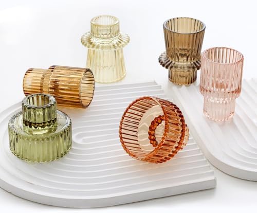 Brown Candlestick Holders 6PCS for Tealight Candle Stick Candles, Ribbed Glass Taper Candle Holders Set, Table Centerpieces for Thanksgiving Christmas Farmhouse Decor Indoor and Outdoor