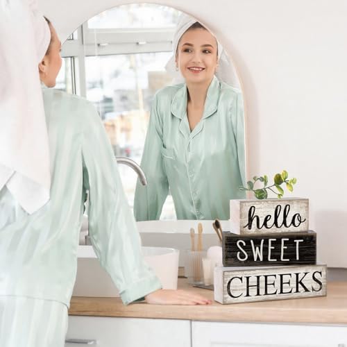 Moucuny 4 Pcs Bathroom Shelf Decor Hello Sweet Cheeks Sign Farmhouse Decor