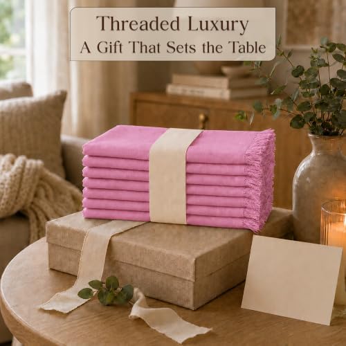 CLOUDLOOM 100% Cotton Fringe Cloth Napkins, Baby Pink, Set of 6, 20"x20"