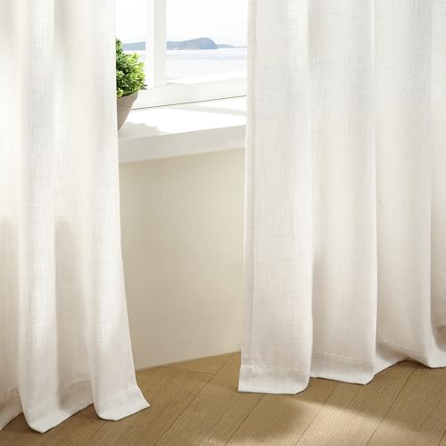 TWODRAPES 90 Inch Pinch Pleated Linen Textured Curtains 2 Panels, Natural