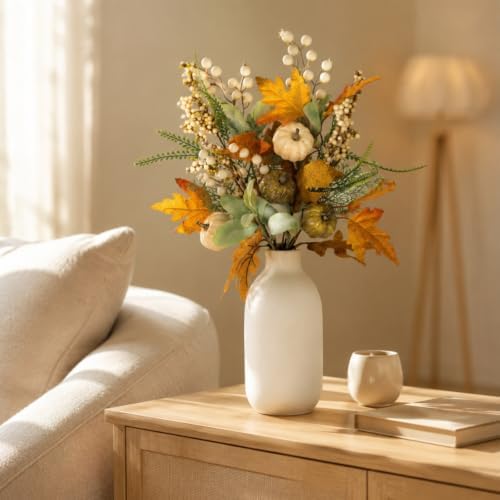 JINGHONG 12 Pack Artificial Fall Decorations 17 Inch Fall Picks Berry Stems with Pumpkins Maple Leaves Lamb Ears Leaves for Autumn Flower Arrangements Harvest Festival Thanksgiving Day Decor