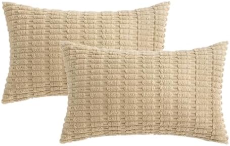 MIULEE Lumbar Corduroy Decorative Throw Pillow Covers 12x20 Tan Pack of 2