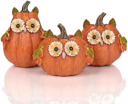 Fall Pumpkin Decor Small Fake Pumpkins Orange Resin Carved Pumpkin Owl Decorative Faux Pumpkin 3Pcs Artificial Pumpkins for Decorating Home Table Farmhouse Mantel Halloween Thanksgiving Centerpieces