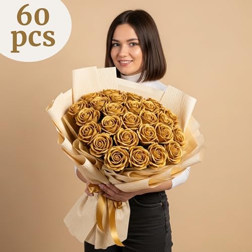 Auihiay 60PCS Gold Rose Artificial Flowers, Faux Silk Roses