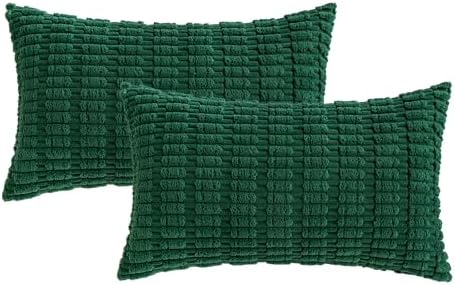 MIULEE Pack of 2 Dark Green Corduroy Decorative Christmas Pillow Covers 12x20 Inch Soft Boho Striped Throw Pillow