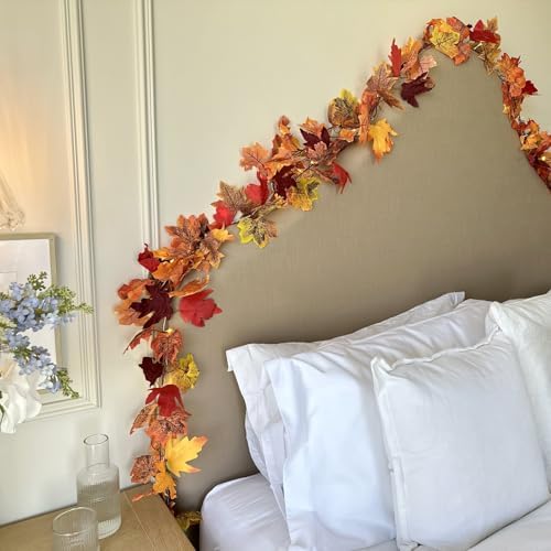CQURE 24 Pack Fall Leaf Garland, Total 142Ft Artificial Maple Leaf Garland Fall Leaves Autumn Hanging Vines Maple Leaves Thanksgiving Decor for Home Fireplace Party