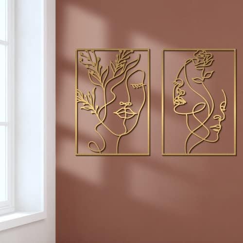 Glamativity 4 Pack Gold Wall Art Decor, Female Flower Face Lover Minimalist Décor Single Line Art Wall Décor, Real