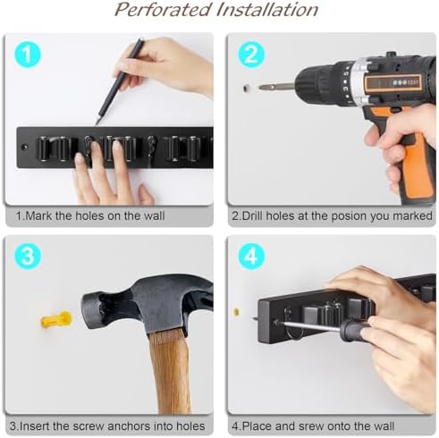 OUTNILI Mop and Broom Holder Wall Mount - Black Broom Mop Hanger - Wall Mounted Garden Tool Rack Organizer for Closet