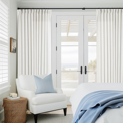 TWODRAPES Beige White Pinch Pleat Semi Sheer Linen Curtain W70xL90 1 Panel