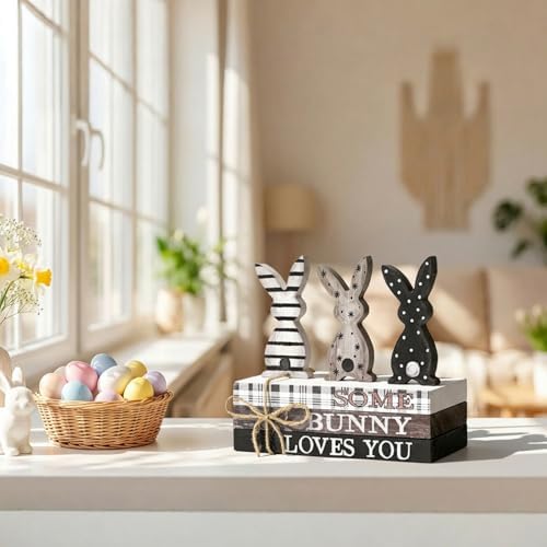 Smile Easter Wooden Stack, Rustic Bunny Mini Faux Books Bundle, Spring Tiered Tray Decorations, Indoor Decor for Kitchen Bathroom and Home Table Shelf