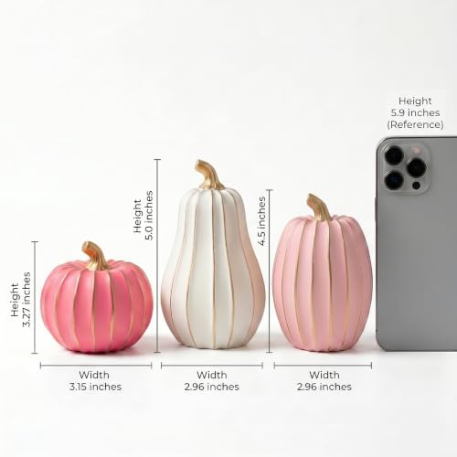 White Pink and Gold Pumpkin Decor, 3Pcs Resin Pumpkin Figurines Fall Decor