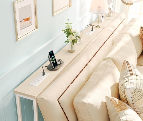 SUPERJARE 39.4 inch Narrow Behind Couch Table with Charging Stations
