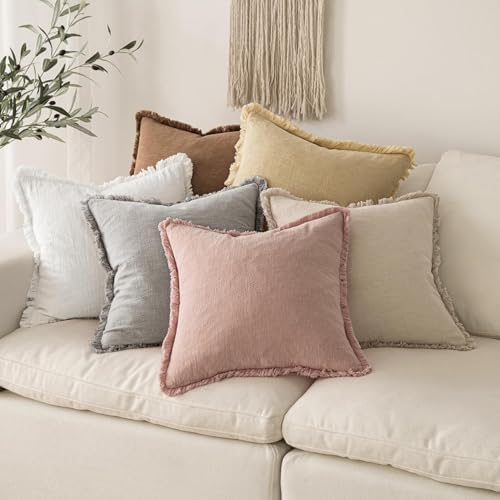 MIULEE Boho Linen Fringe Decorative Euro Throw Pillow Covers White 24x24