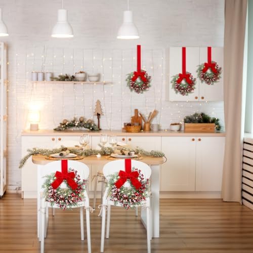 Thiccywoov 2 Pcs 9'' Small Christmas Cabinet Wreath with Light, Velvet Bow