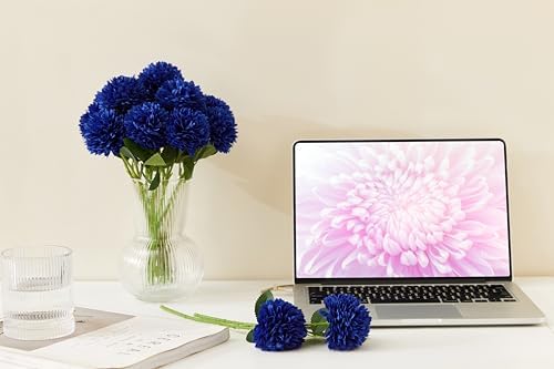 SITUMEIZI 12 Pcs Blue Artificial Chrysanthemum Flowers, Fake Mums