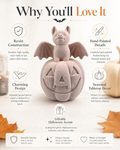 Halloween Decor Bat on Jack-o-lantern Resin Figurine (Pink Bat Pumpkin)