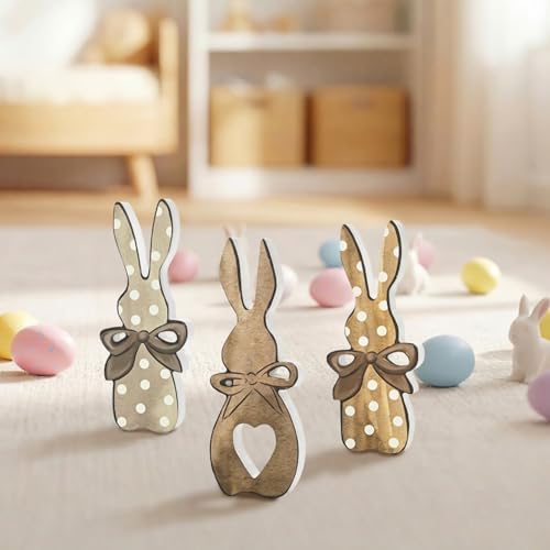 Wooden Easter Bunny Block Decor Set - 3-Piece Rustic Polka Dot Bunny with Bow Design, Farmhouse Style Tabletop Shelf Accents for Spring Holiday Home Decoration