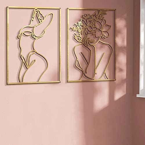 Glamativity 4 Pack Gold Wall Art Decor, Minimalist Single Line Real Metal Wall Art, Woman's Body Shape Abstract Wall