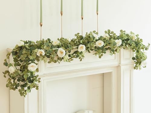 PARTY JOY 2pcs 6.56ft Eucalyptus Garland with Flowers-8 White Roses, Artificial Fake Flowers Greenery Garland Floral Vines for Decoration Party Wedding Table Indoor Outdoor Backdrop Wall Decor(White)