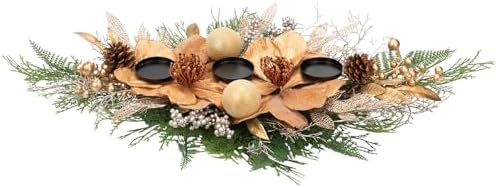 35" Champagne Christmas Centerpiece with Candle Holders, Magnolias Gold Christmas Balls Berries Leaves Branches Pine Cones Pine Needles for Xmas Table Decor, Holiday Candelabrum for Mantel Decorations