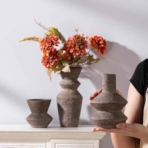 Ceramic Vase Home Table Decor - Brown Flower Vase Set of 3 Living Room Kitchen Decorations Farmhouse Modern Rustic