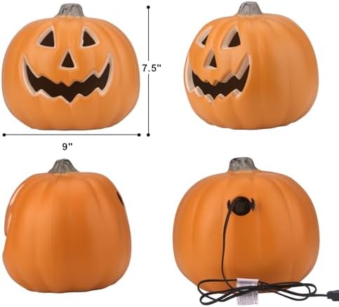 9" Jack-o'-Lantern - Halloween Light Up Pumpkin Lantern with ETL Certified Cord and 2 Safety Fuse - Indoor Outdoor JackoLantern Decoration for Halloween Party Home Décor - Round Lightened Pumpkin
