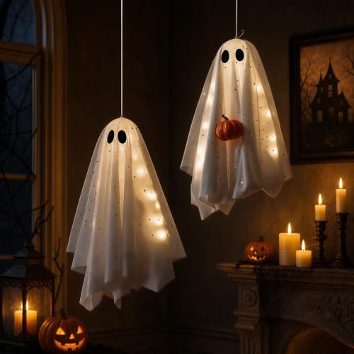 3 Pcs LED Light Up Hanging Ghosts, Halloween Decorations Outdoor