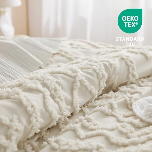 Bedsure Tufted Boho Comforter Set Twin Size - Beige Boho Bed Set, GentleSoft™ 2 Pieces Farmhouse-Style Embroidery