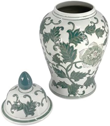 Galt International Green Blossom Floral Chinoiserie Ceramic Temple Jar 18" w/Lid - Ginger Jar Home & Kitchen Decor for