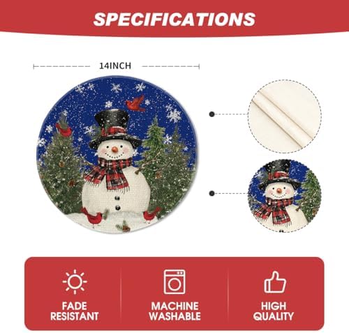 Artoid Mode Snowman Trees Snowflakes Blue Christmas Round Placemats Set of 4, 14 Inch Winter Round Table Mats for Dining Decoration