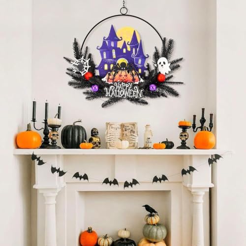 Pre-Lit Halloween Wreath for Front Door, Lighted Spider with 6H On/18H Off