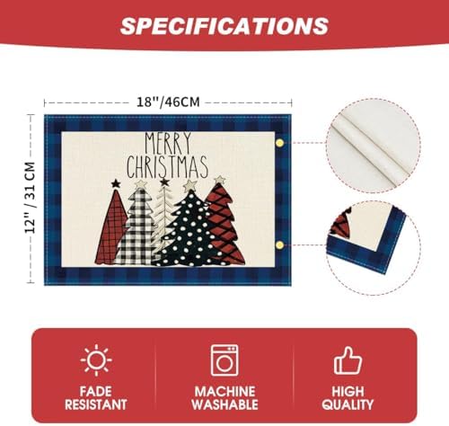 Artoid Mode Blue Waterclor Buffalo Plaid Christmas Trees Placemats Set of 4, 12x18 Inch Winter Table Mats for Outdoor Home Party Kitchen Dining Decor