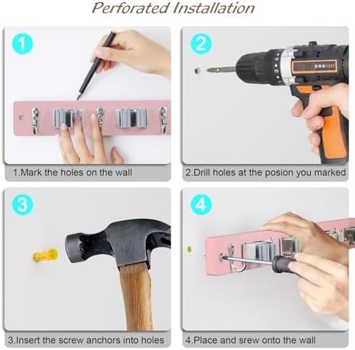 OUTNILI Pink Mop Broom Holder Wall Mount with 4 Slots & 4 Hooks - Wood Broom Mop Hanger for Pantry Closet Laundry Room