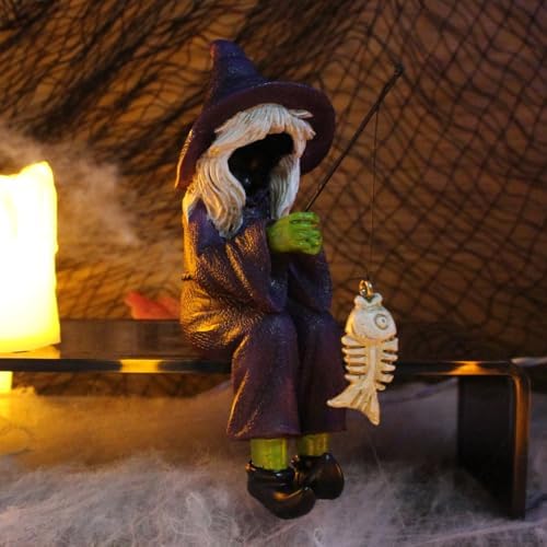 Witch Fishing Decor - Halloween Shelf Sitter Statue, Aquarium and Garden Pond Edge Ornament, Resin Gothic Figure for Water Tank Rim, Witch Hat Halloween Decorations