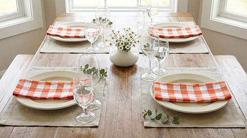PurpleEssences Plaid Napkins 18x18 Buffalo Plaid - Orange & White