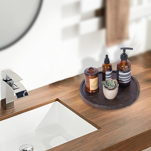 Round Decorative Tray Wood Bathroom Counter Organizer Farmhouse Kitchen / Dark Brown / Set of 10