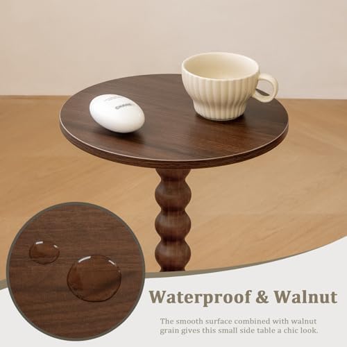 Fultyle Small Round Side Table, Walnut End Table for Small Spaces, Modern Drink Table Accent Table with Solid Wood Leg