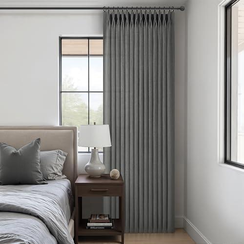 Dark Grey Memory Shaped Pinch Pleated Living Room Curtains 84 Inches Long 2 Panels Set, Textured Linen Semi Sheer